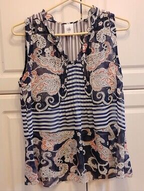CAbi Women's Peplum Blouse Navy White Paisley Stripe Sleeveless Top, Size: XS